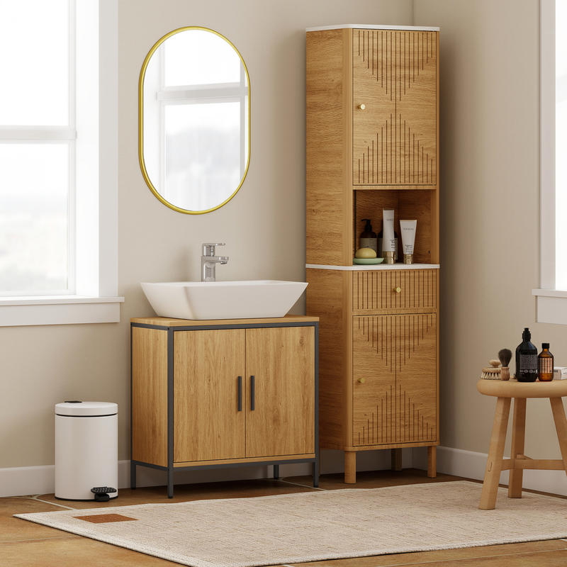 Modern Bathroom Vanity Cabinet with 2 Doors - Freestanding Bathroom Storage Unit, Adjustable Shelf, Space-Saving Bathroom Organizer, No Pedestal Needed, Easy Assembly, for Bathroom or Kitchen - Oak Bathroom Cabinet, Bathroom