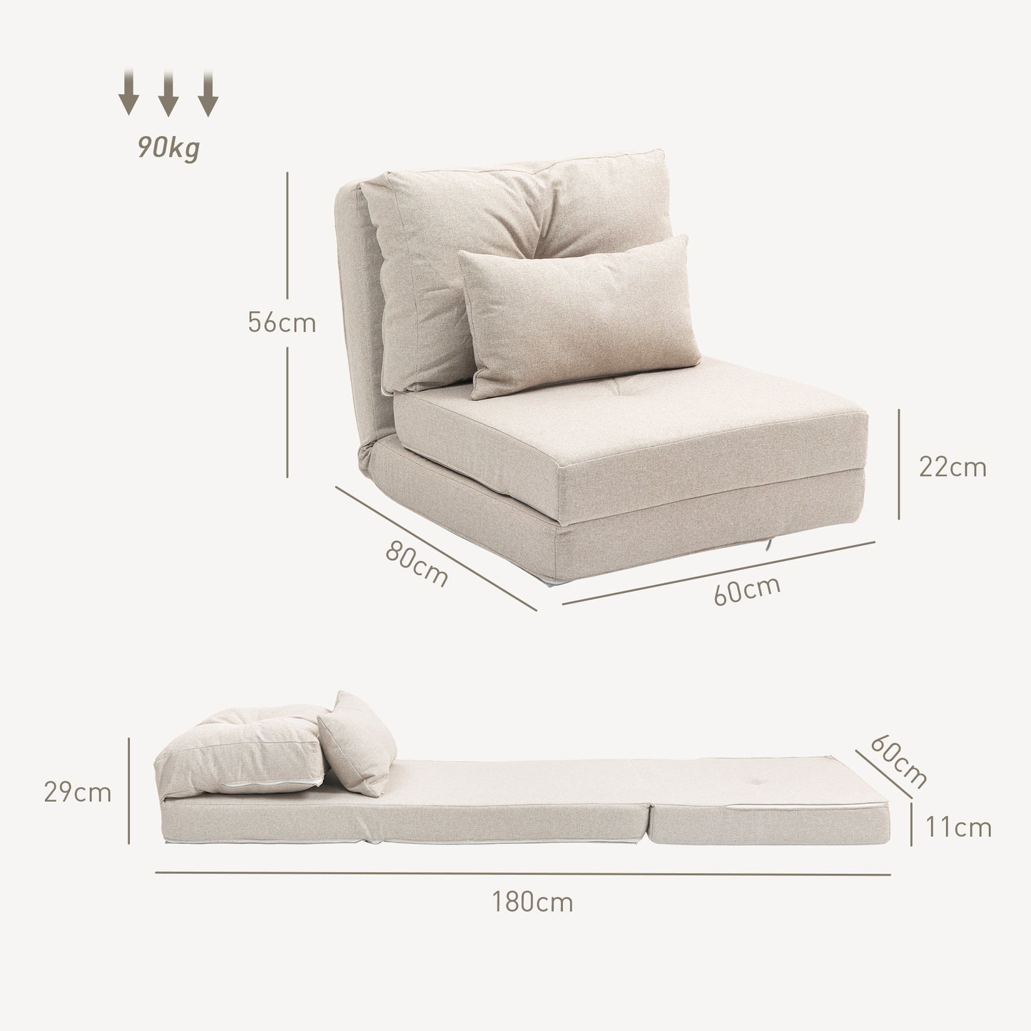 Zitzak – Fauteuil – Stoel – Loungebank – Relaxstoel – Verstelbare Rugleuning – Linnen Beige – Met Kussen – Opvouwbaar – Max 90 kg