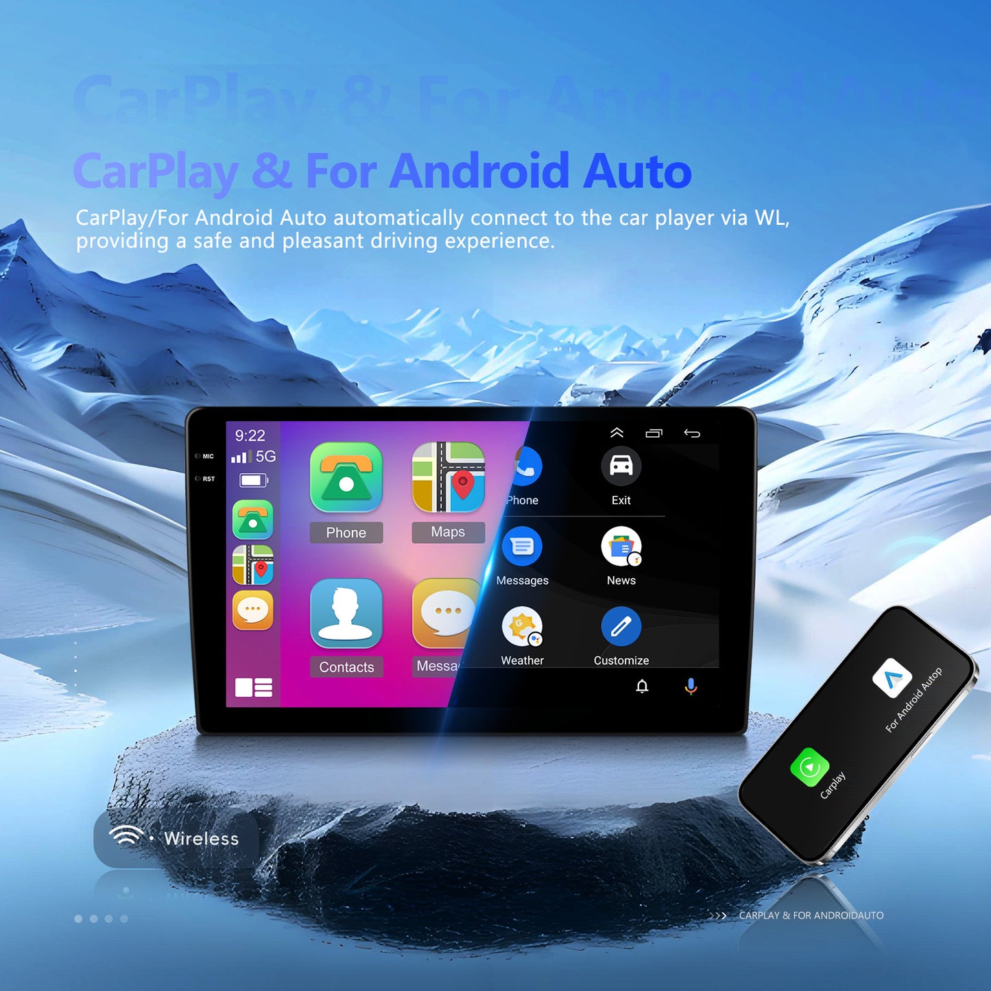 Car Stereo Featuring 4+128G Storage, Equipped with Wireless Apple Carplay And Android Auto, a 10-Inch 2 Din Android 15 Touchscreen, And Includes Wifi, SWC, FM, RDS, USB, And Camera Support.