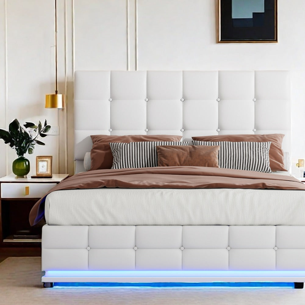 Tweepersoonsbed – Bedframe – Led Bed – Opbergbed – Gestoffeerd Bed – Grote Opbergruimte – USB-LED Verlichting