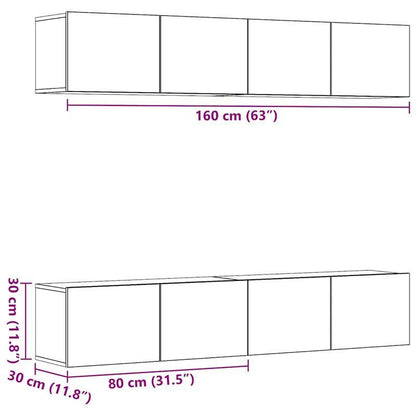 Tv-meubel – TV-kast – Entertainmentmeubel – Media-meubel – Wandmeubel – Handgemaakt Eikenhout – 4-delige Wandgemonteerde Set