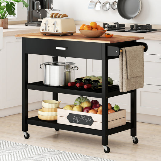 Keukeneiland – Keukenwagen – Trolley – Serveerwagen – Rollende Keukenkar – Houten Blad – 3-Lagen Opbergruimte – Zwart/Naturel