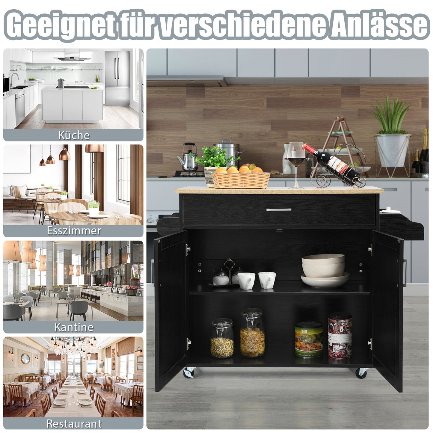 Keukentrolley – Serveerwagen – Keukenkast – Opbergtrolley – Keukenkar – Zwart – Met Handdoekhouder en Kruidenrek – Verstelbare Plank en Lade