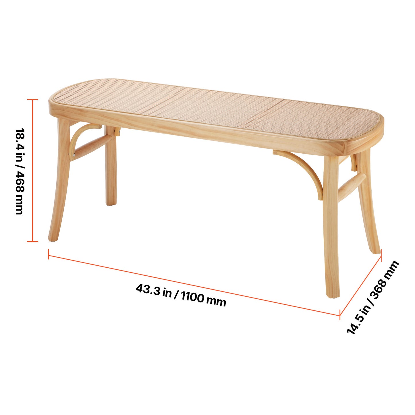 Rotan Bankje – Rieten Zitbank – Rattan Bank – Houten Bankje – 115 cm Lengte – Handgeweven Rotan – Stevig Houten Frame