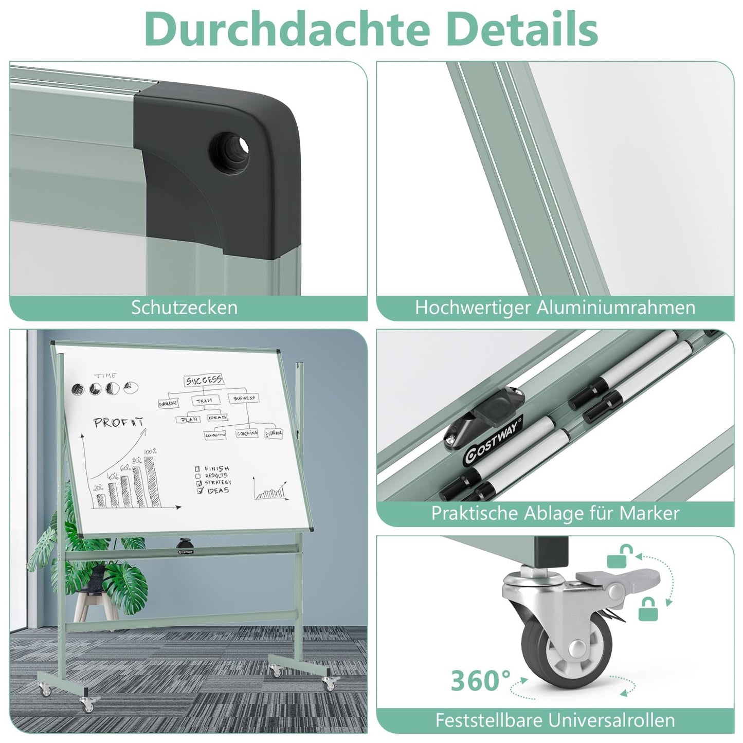 Dubbelzijdig Mobiel Whiteboard – Magnetisch Bord – Schrijfbord – Flipover – Rolwagen – Hoogte Verstelbaar – Inclusief Accessoires – 120 x 90 cm