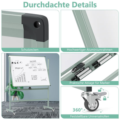 Dubbelzijdig Mobiel Whiteboard – Magnetisch Bord – Schrijfbord – Flipover – Rolwagen – Hoogte Verstelbaar – Inclusief Accessoires – 120 x 90 cm