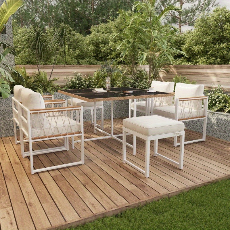 Tuinset – Diningset – Bistroset – Buitenmeubelset – Loungeset – 7-delig – 6 Personen – Tafel met Gehard Glas – Stoelen met PE Rattan en Acacia Hout