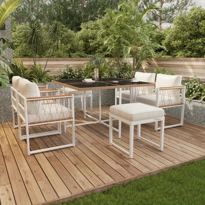 Tuinset – Diningset – Bistroset – Buitenmeubelset – Loungeset – 7-delig – 6 Personen – Tafel met Gehard Glas – Stoelen met PE Rattan en Acacia Hout