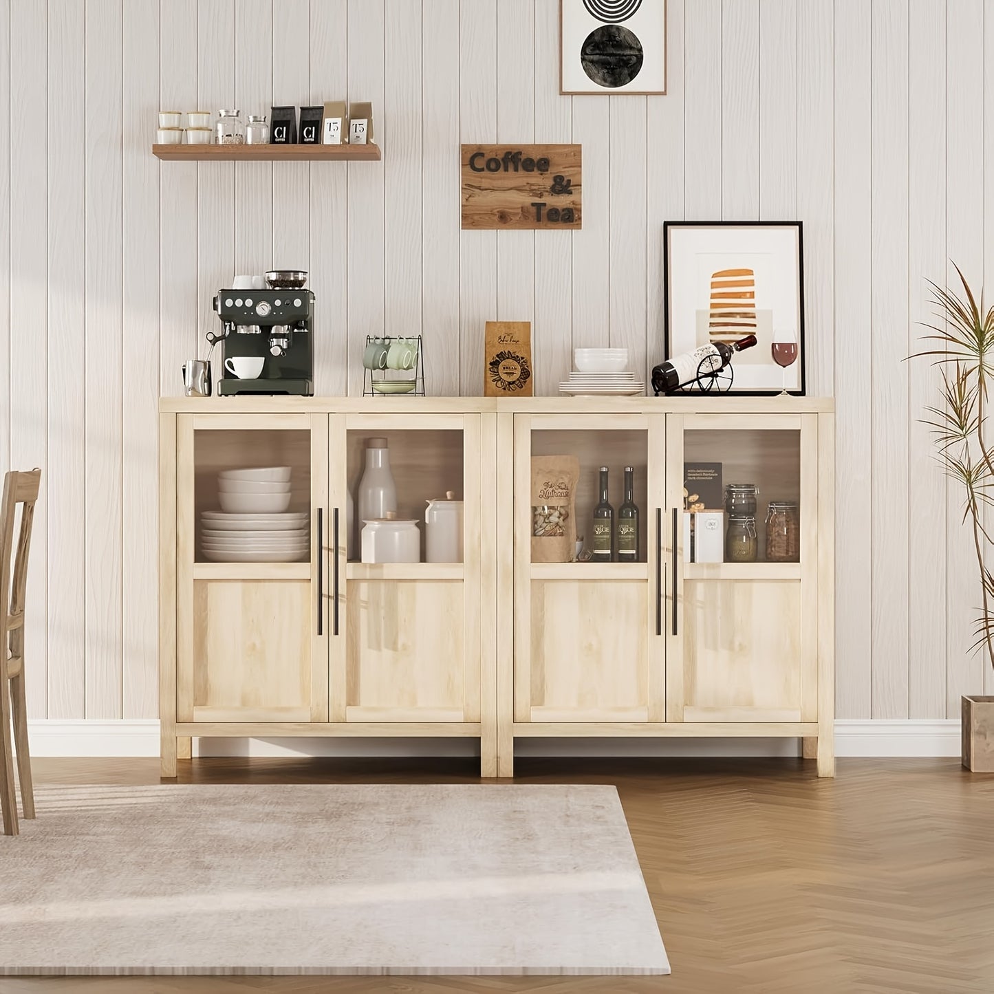Buffetkast – Sideboard – Dressoir – Opbergkast – Woonkamerkast – 73,7 cm breed – Hoogwaardig MDF met glasdeur – Natuurlijke houtkleur – Eenvoudige montage – Duurzame afwerking