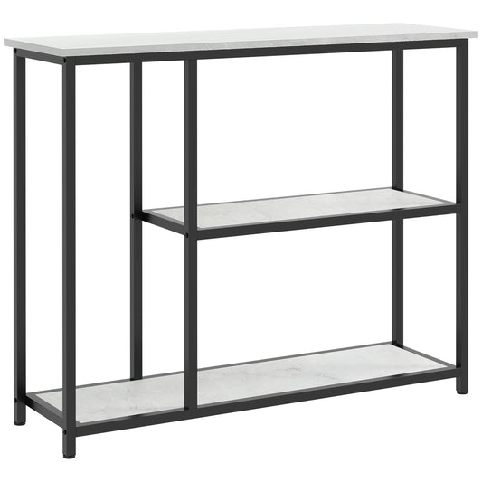 Sidetable – Sidetable Industrieel – Haltafel – ConsolTafel – Wandtafel – Zwart Wit Marmerlook – 2 Ruime Opbergniveaus – Stevig Zwart IJzeren Frame