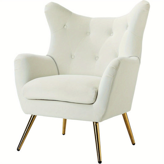 Fauteuil – Lounge Stoel – Leunstoel – Wing Chair – Relaxfauteuil – Fluwelen Bekleding – Gouden Metalen Poten – Comfortabel Design – Voor Woonkamer en Slaapkamer – Ivoor Kleur