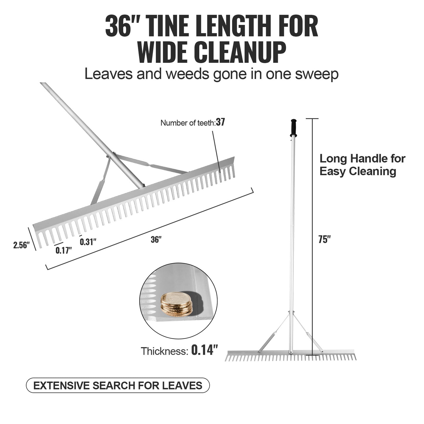 Grasmaaierhark – Gazonhark – Bladhark – Tuinhark – Vijverhark – Aluminium Harkenblad 91,5 cm – Extra Lange Steel 191,5 cm