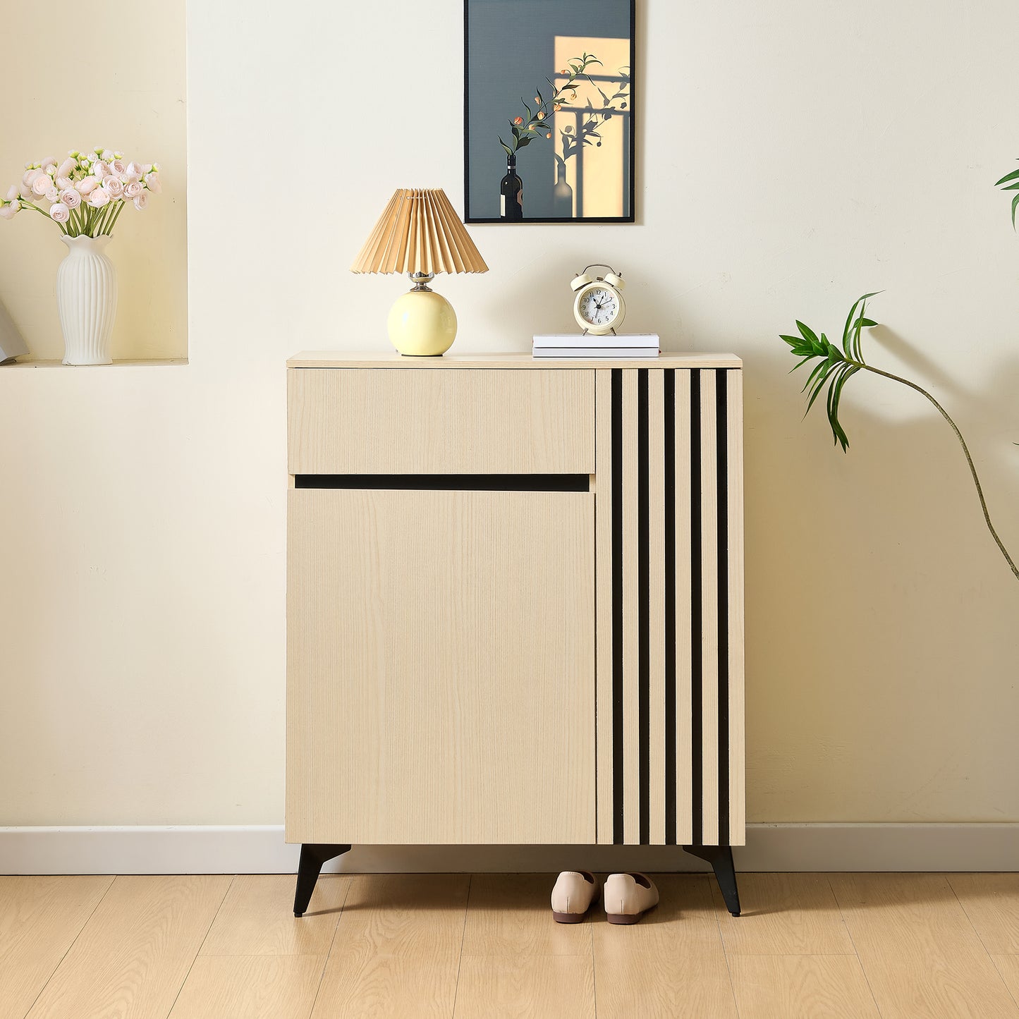 Schoenenkast – Schoenenopberger – Halmeubel – Opbergkast – Dressoir – Modern Design – Verstelbare Planken – Metaal Poten – Licht Hout – 75 cm Breed