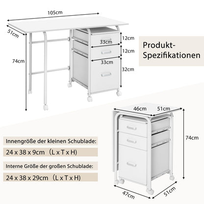 Bureau – Computertafel – Bureautafel – Schrijftafel – Werkplek – Inklapbaar – 3 Laden – Met Wieltjes – Compact – Wit – MDF Tafelblad – Metalen Frame – 105x50x75 cm