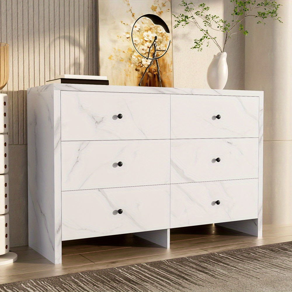 Opbergkast – Kast – Ladenkast – Bergkast – Dressoir – Wit Met Marmerlook – 120 cm Breed – Zes Lades Met Anti-Kantelmechanisme
