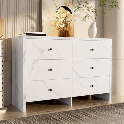 Opbergkast – Kast – Ladenkast – Bergkast – Dressoir – Wit Met Marmerlook – 120 cm Breed – Zes Lades Met Anti-Kantelmechanisme