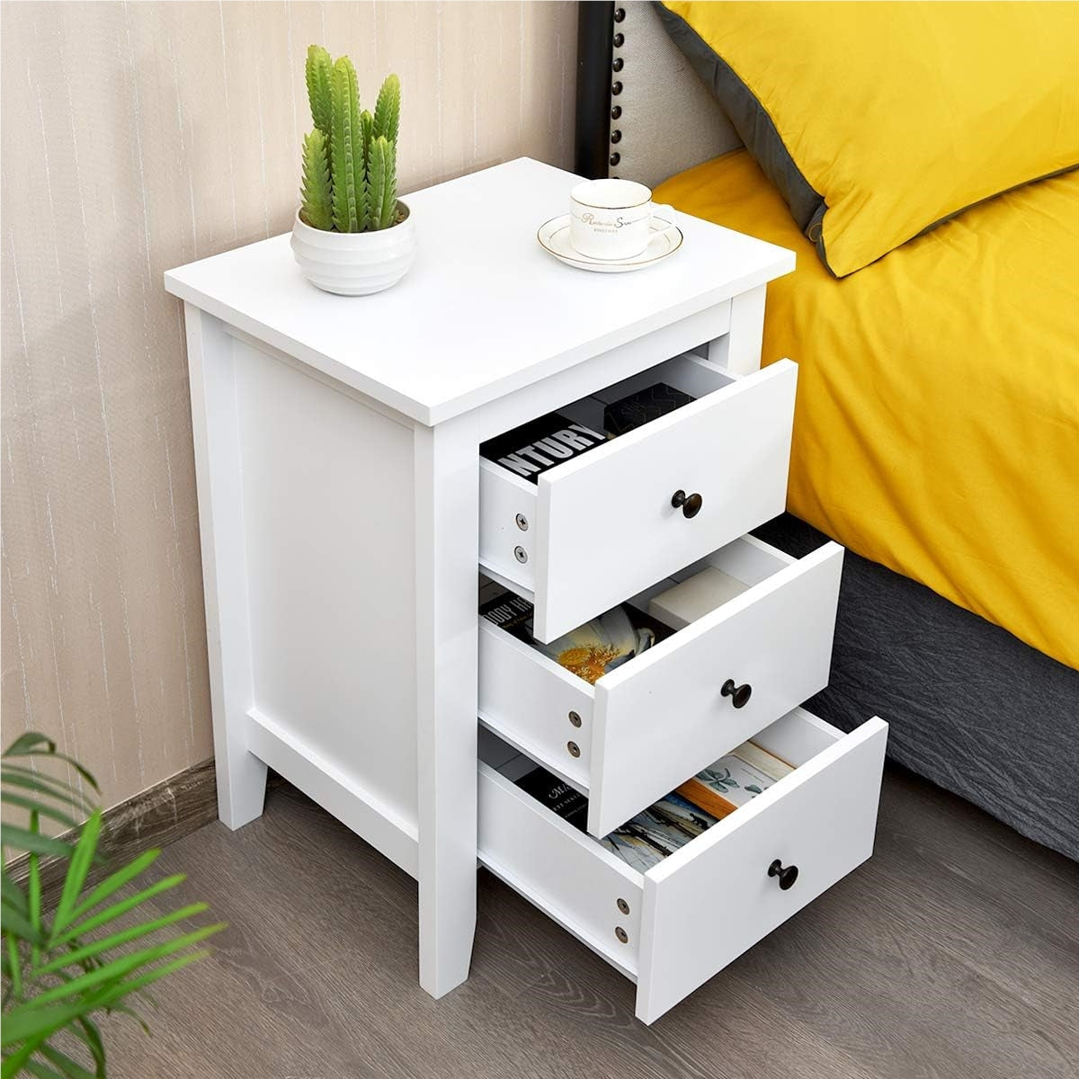 Nachtkastje – Bedtafel – Bedzijtafeltje – Nachtkast – Opbergkast – 2 stuks – 3 lades – Wit MDF – 46x37x65 cm