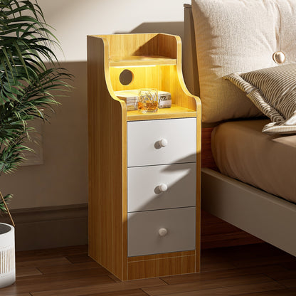 Modern White Slim Nightstand with 3-Tier Drawers & Open Shelf - Space-Saving Vertical Bedside Cabinet, Compact Bedside Table for Small Spaces, Easy Assembly Particle Board (White/Brown), Narrow Dresser for Bedroom/Living Room