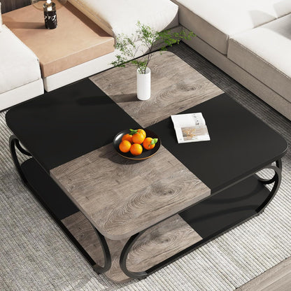 Salontafel – Koffietafel – Woonkamertafel – Theetafel – Bijzettafel – Modern Vierkant Ontwerp – Open Opbergruimte – Metaal Houtcomposiet – 100x100x50 cm – Zwart Grijsbruin