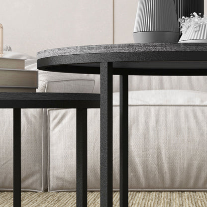 Set Van 2 Bijzettafels – Ronde Salontafel – Nestbare Tafels – Zwarte Tafel – Industrieel Design – Metaal Frame – Compact En Stevig