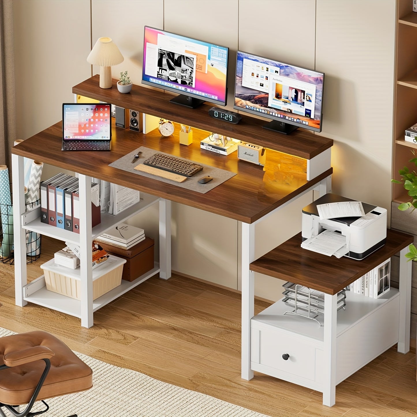 Computerbureau – Bureau – Werkplek – Schrijftafel – Study Table – Eikenhout Bruin – Ergonomische Monitorstandaard – Ruime Lades en Printerruimte
