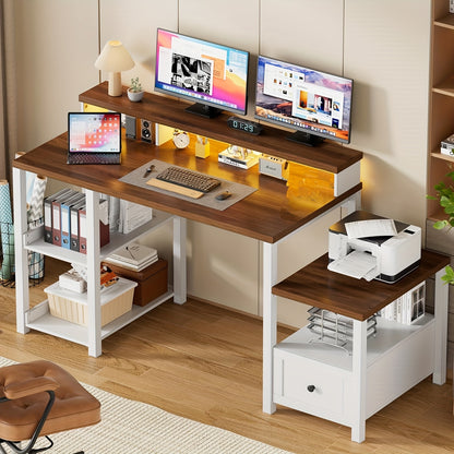 Computerbureau – Bureau – Werkplek – Schrijftafel – Study Table – Eikenhout Bruin – Ergonomische Monitorstandaard – Ruime Lades en Printerruimte