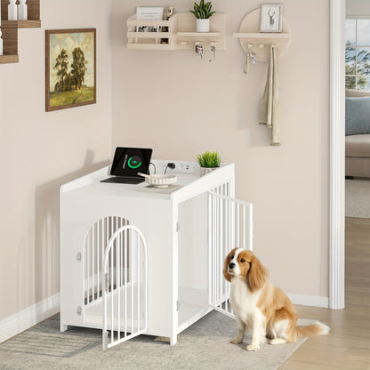 Hondenbench – Hondenkooi – Hondenhok – Hondenren – Dierenbench – Wit – Met USB Poorten En Stopcontacten – 2 Deuren Met Boogvormige Toegang – Geschikt Voor Middelgrote En Kleine Honden – 63x90x79 cm