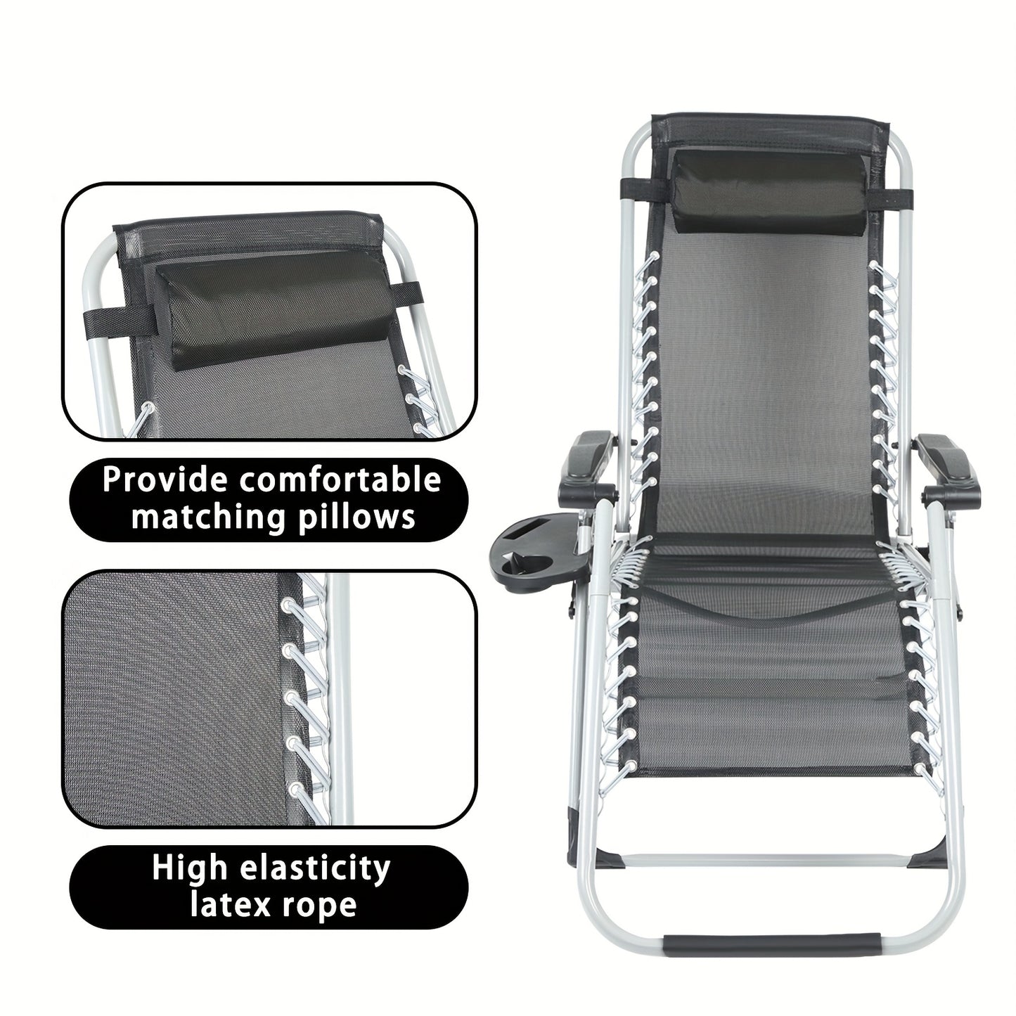 Foldable Space Saving Lounge Chair With Headrest & Side Tray - Oxford Fabric, 60x87x110cm For Patio, Garden, Balcony