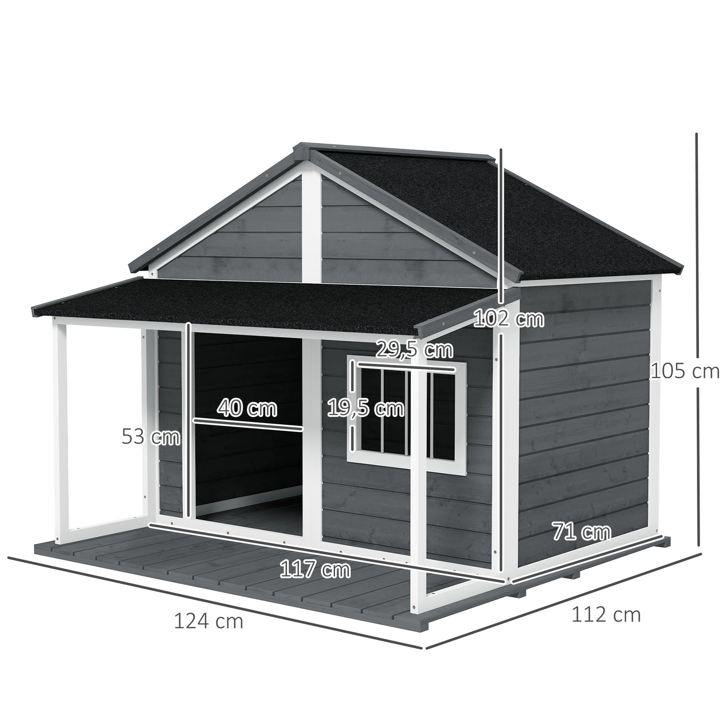 Buitenhondenkennel – Hondenhok – Buitenkennel – Hondenhuis – Hondenverblijf – Grijs – Weerbestendig Materiaal – Ruime Veranda 124x112x105 cm