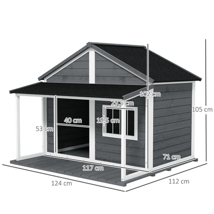 Buitenhondenkennel – Hondenhok – Buitenkennel – Hondenhuis – Hondenverblijf – Grijs – Weerbestendig Materiaal – Ruime Veranda 124x112x105 cm