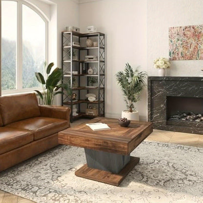 80.01cm Rustic Brown & Black Square Coffee Table - Modern Wooden Centerpiece for Living Room, Sturdy MDF Construction with Smooth Surface, Geometric Base, Perfect for Cocktails, Tea, or Accent Decor, Tea Table | Rustic Modern