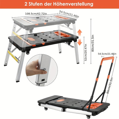 7-in-1 Folding Workbench for Household DIY Workstation, Multifunctional Foldable Work Table with Clamping, Angle Marking, and 150-250kg Load Capacity, Portable Height-Adjustable Workbench with Large Work Surface, ABS/Iron/Alu