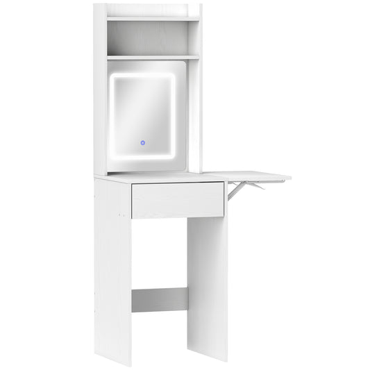 Make-up tafel compact – make-up bureau – beauty tafel – toilettafel – kaptafel wit – inklapbaar tafelblad – LED-verlichting op batterijen