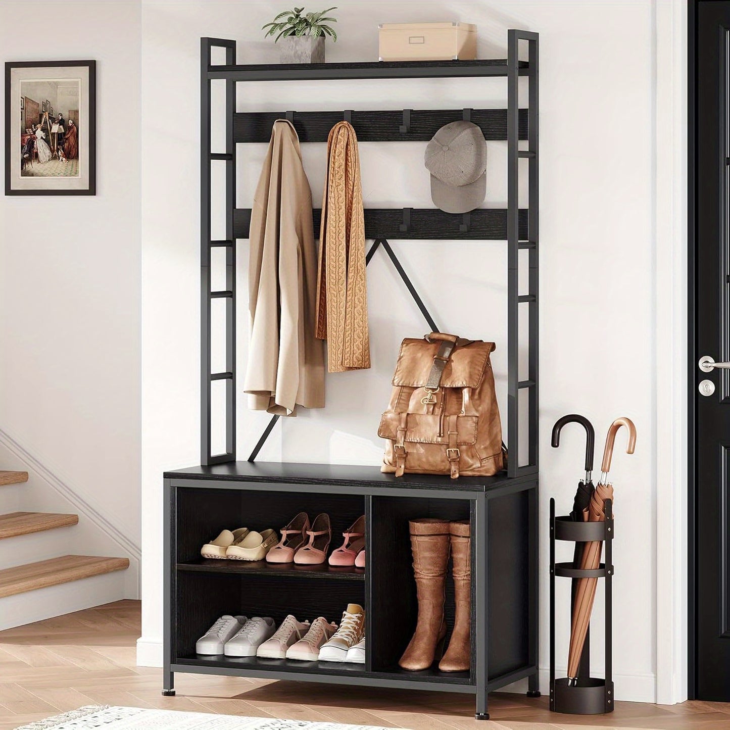 Industrial 5-in-1 Hall Tree with Bench - Black Hardwood & Metal Entryway Organizer, 136.08KG Capacity Coat Rack with Shoe Storage Cubbies, Hooks, Shelves & Umbrella Holder for Hallway, Living Room, Closet, Durable Constructio