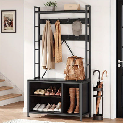 Industrial 5-in-1 Hall Tree with Bench - Black Hardwood & Metal Entryway Organizer, 136.08KG Capacity Coat Rack with Shoe Storage Cubbies, Hooks, Shelves & Umbrella Holder for Hallway, Living Room, Closet, Durable Constructio