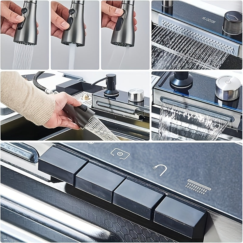 Black Nano Countertop 304 Stainless Steel Waterfall Single Bowl Sink Workstation, with Multifunctional Digital Display Feiyu Pull-out  (gunmetal Gray, 68x45x22cm)