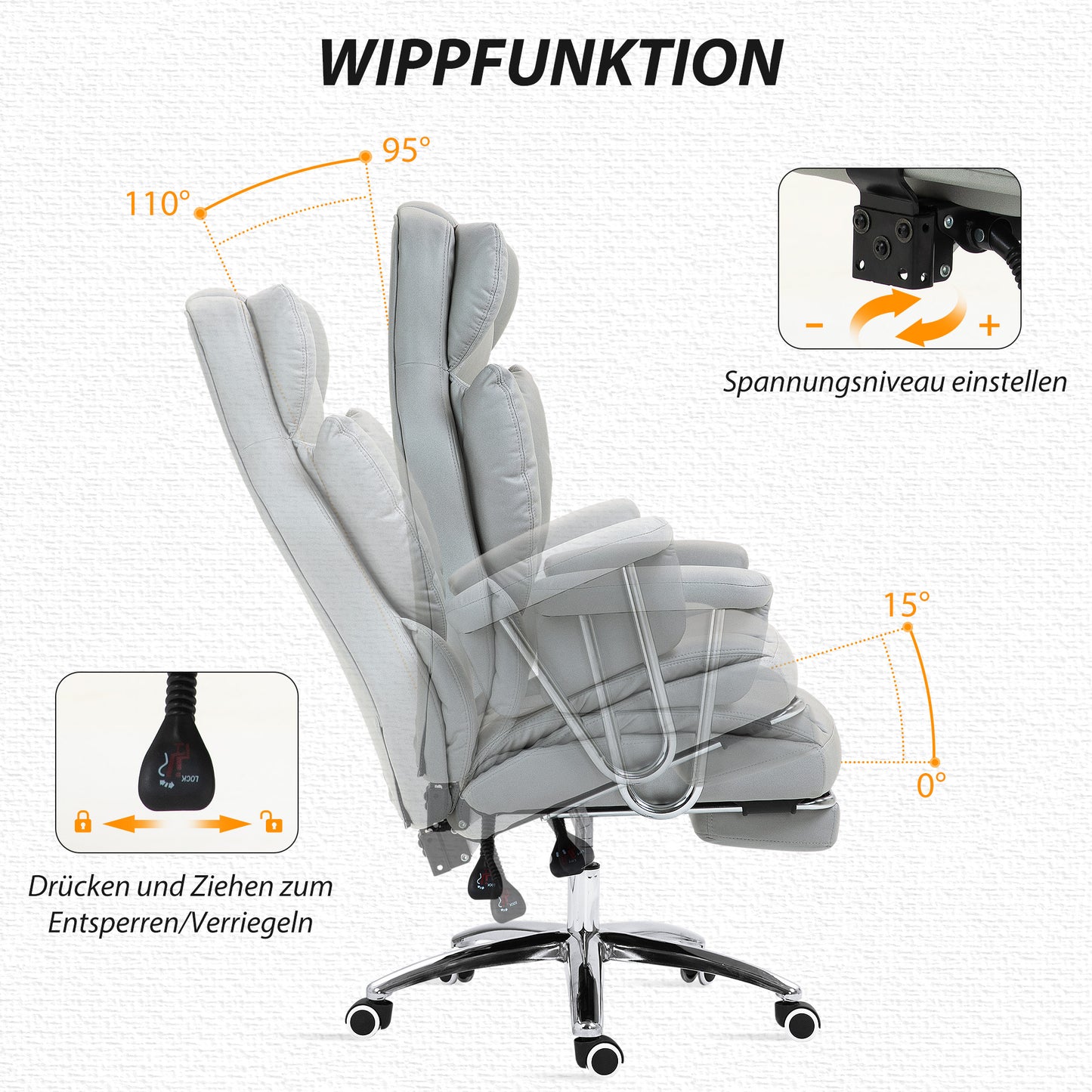 Bureaustoel – Office Chair – Ergonomische Stoel – Draaistoel – Kantoorstoel – Verstelbare Rugleuning Tot 135° – In Hoogte Verstelbaar Met Voetensteun – Lichtgrijs – Max. 120 kg