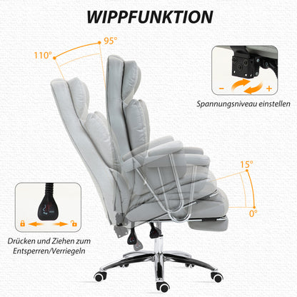 Bureaustoel – Office Chair – Ergonomische Stoel – Draaistoel – Kantoorstoel – Verstelbare Rugleuning Tot 135° – In Hoogte Verstelbaar Met Voetensteun – Lichtgrijs – Max. 120 kg
