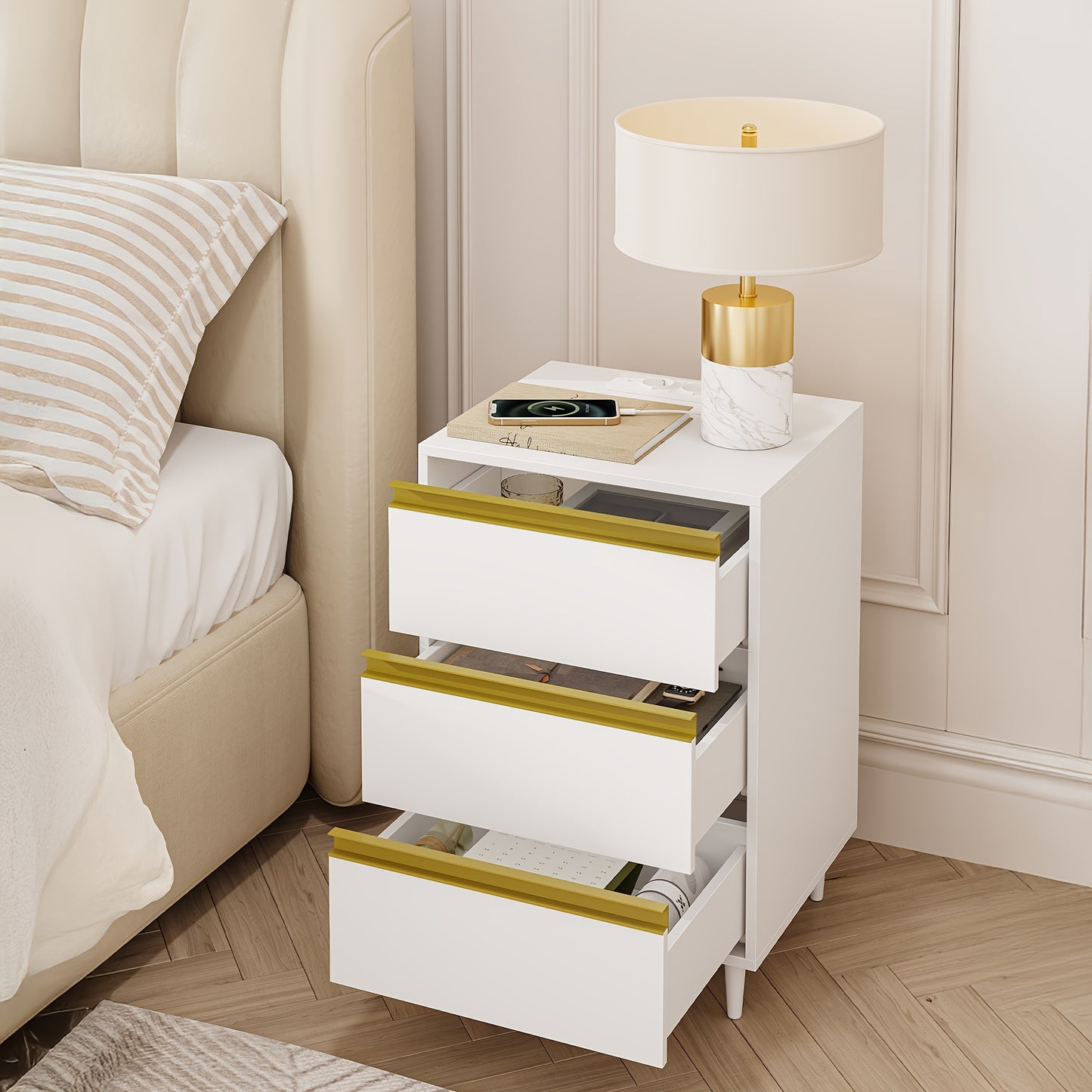 Witte Nachtkastjes – Nachtkastje – Bedkastje – Slaapkamerkastje – Bedtafeltje – Set Van 2 Met 3 Laden – Modern Minimalistisch Design – Massief Hout En Spaanplaat – 35x40x60 cm – Duurzaam En Praktisch