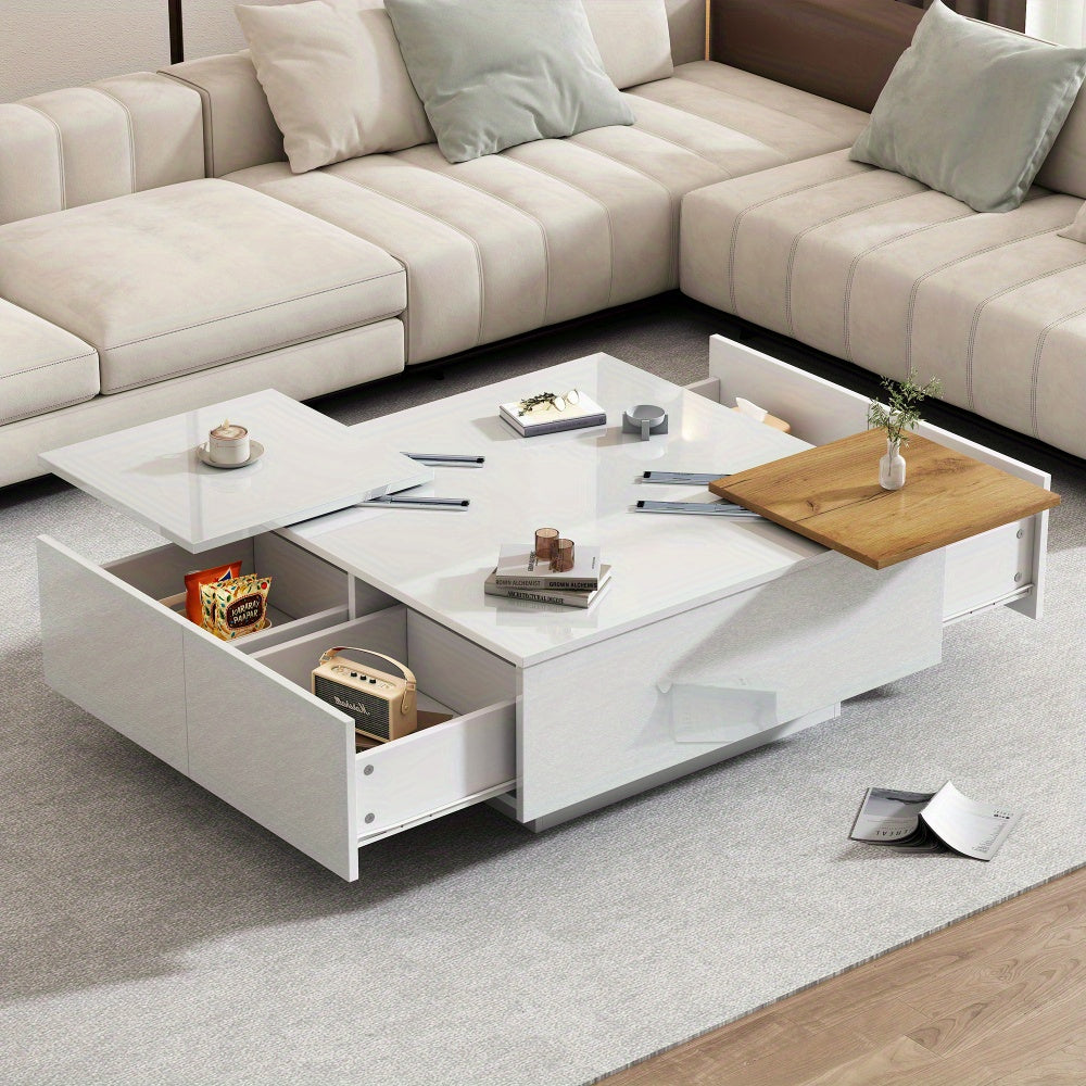 Salontafel – Koffietafel – Tafel – Tafeltje – Bijzettafel – Hoogglans Wit – Met Opbergruimte – Verplaatsbaar Tafelblad – Compact 75x75x33,5 cm