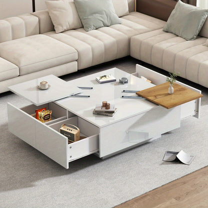 Salontafel – Koffietafel – Tafel – Tafeltje – Bijzettafel – Hoogglans Wit – Met Opbergruimte – Verplaatsbaar Tafelblad – Compact 75x75x33,5 cm