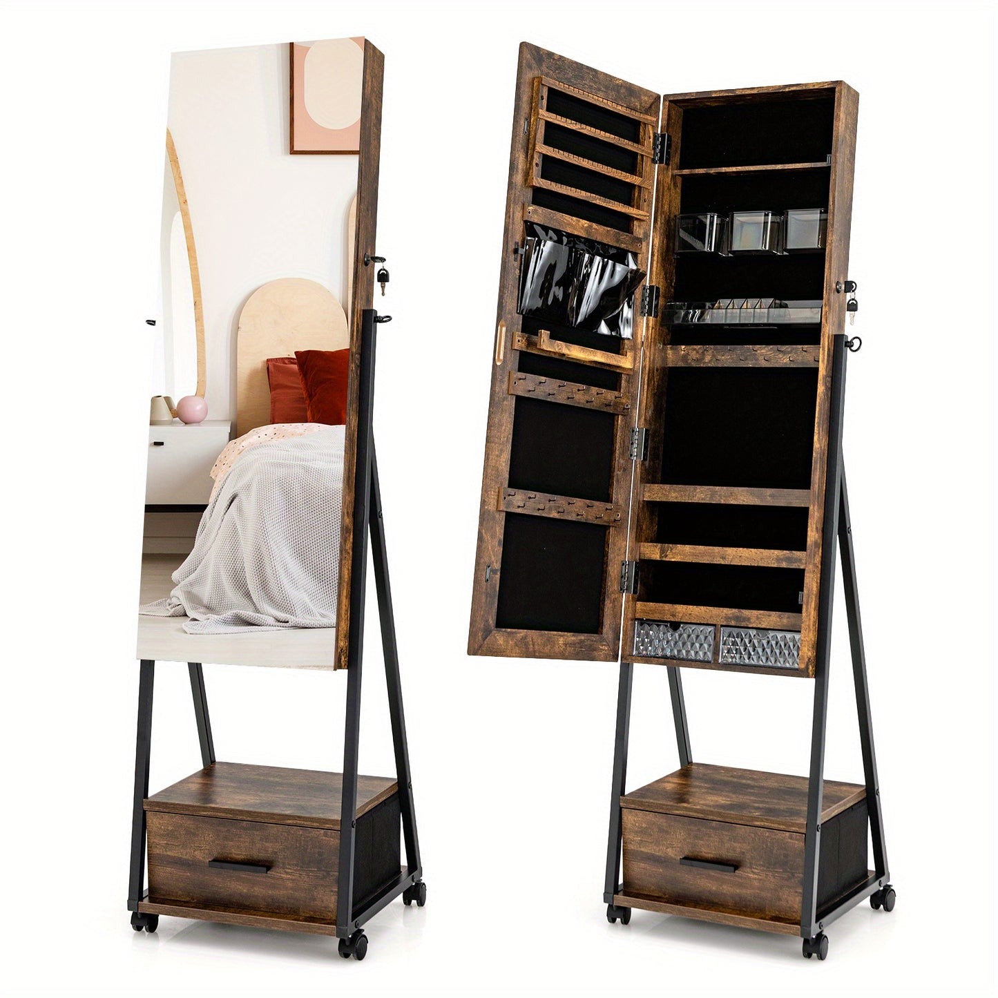 Sieradenkast – Sieradenkist – Jewelry Armoire – Sieradenhouder – Sieradendoos – Met Slot – Volledige Spiegel – Grote Opbergruimte – Mobiel Op Wielen – Hout Kleur Koffie