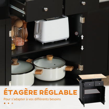 Keukeneiland – Keukentrolley – Serveerwagen – Buffetkast – Keukenkast – Bicolor Zwart-Beukenhout – Verstelbare Plank – Wielen Met Remmen