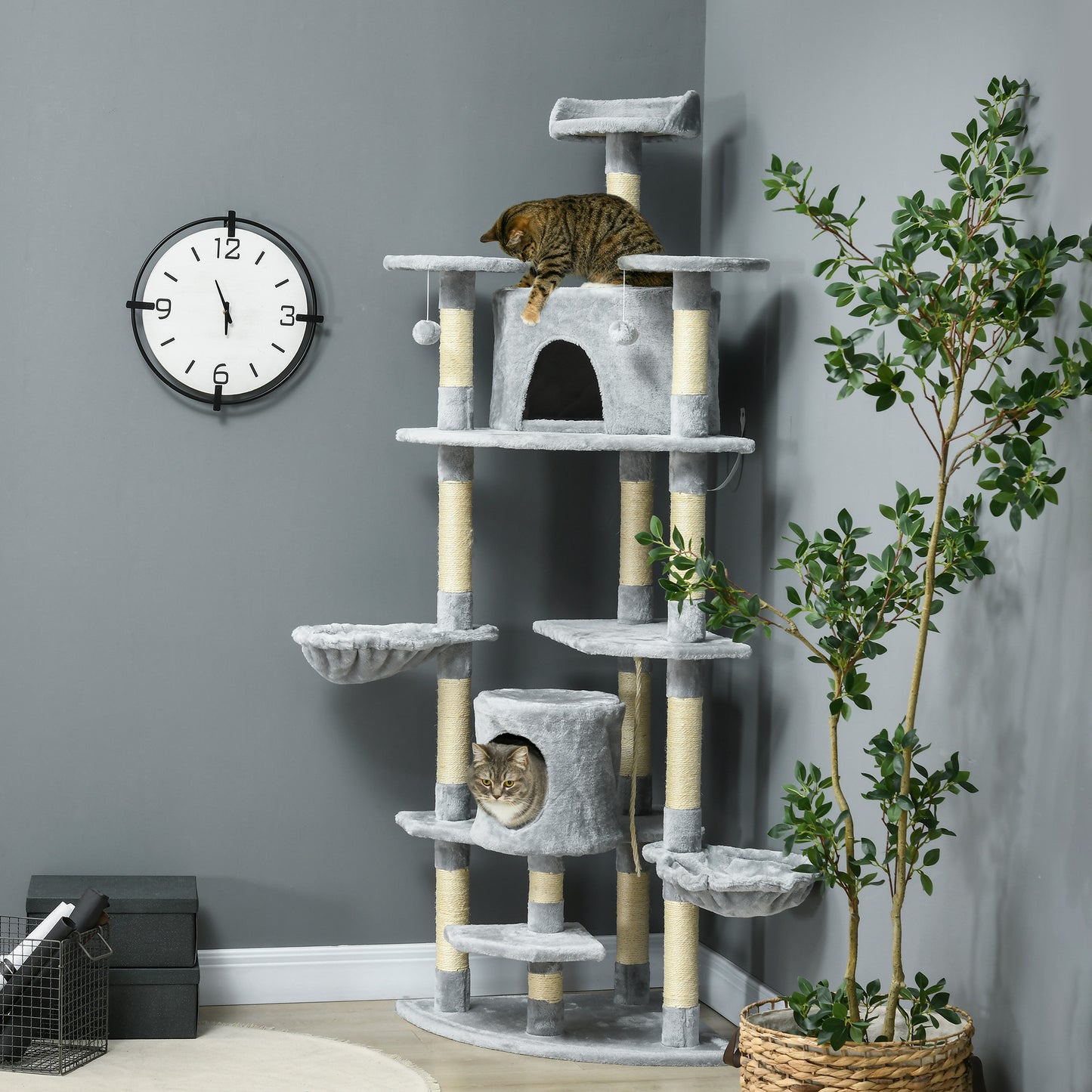 Kattenklimboom – Kattenboom – Klimpaal – Krabpaal – Speelboom – Extra Hoog 200 cm – 6 Platforms & 2 Hangmatten – Duurzaam Houtvezelplaat & Pluche