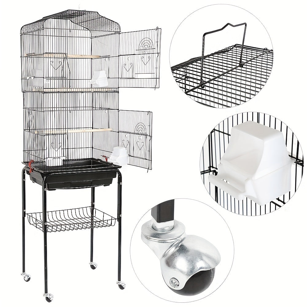 Vogelkooi – Vogelkooi Met Stand – Vogelkooi Met Wieltjes – Vogelkooi Open Bovenkant – Dierenkooi – Groot 46x35,3x150,6 cm – Metalen Kooi – Afneembare Rollende Standaard – Eenvoudig Schoon Te Maken – Ruim En Duurzaam