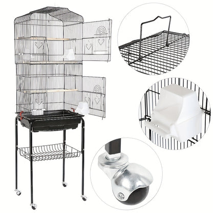 Vogelkooi – Vogelkooi Met Stand – Vogelkooi Met Wieltjes – Vogelkooi Open Bovenkant – Dierenkooi – Groot 46x35,3x150,6 cm – Metalen Kooi – Afneembare Rollende Standaard – Eenvoudig Schoon Te Maken – Ruim En Duurzaam