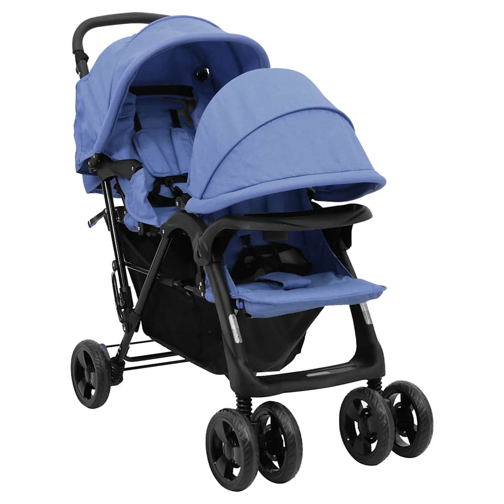 Tandem Kinderwagen – Tweelingwagen – Dubbele Kinderwagen – Duo Buggy – Tweekinderwagen – Staal en Linnen – Verstelbare Zonnekap – Ruime Ondermand – Marineblauw