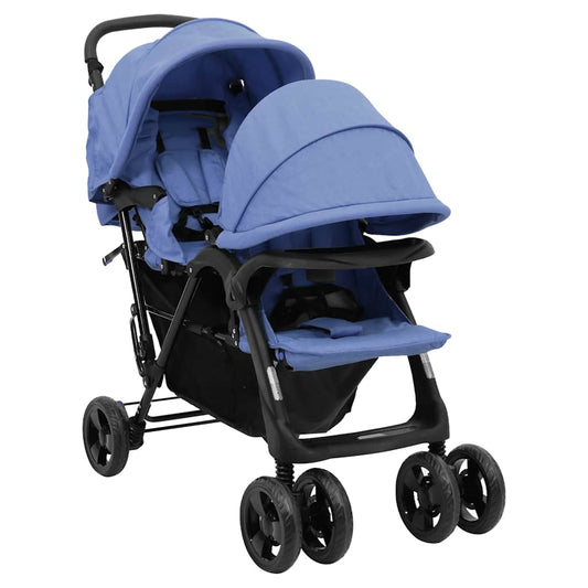 Tandem Kinderwagen – Tweelingwagen – Dubbele Kinderwagen – Duo Buggy – Tweekinderwagen – Staal en Linnen – Verstelbare Zonnekap – Ruime Ondermand – Marineblauw