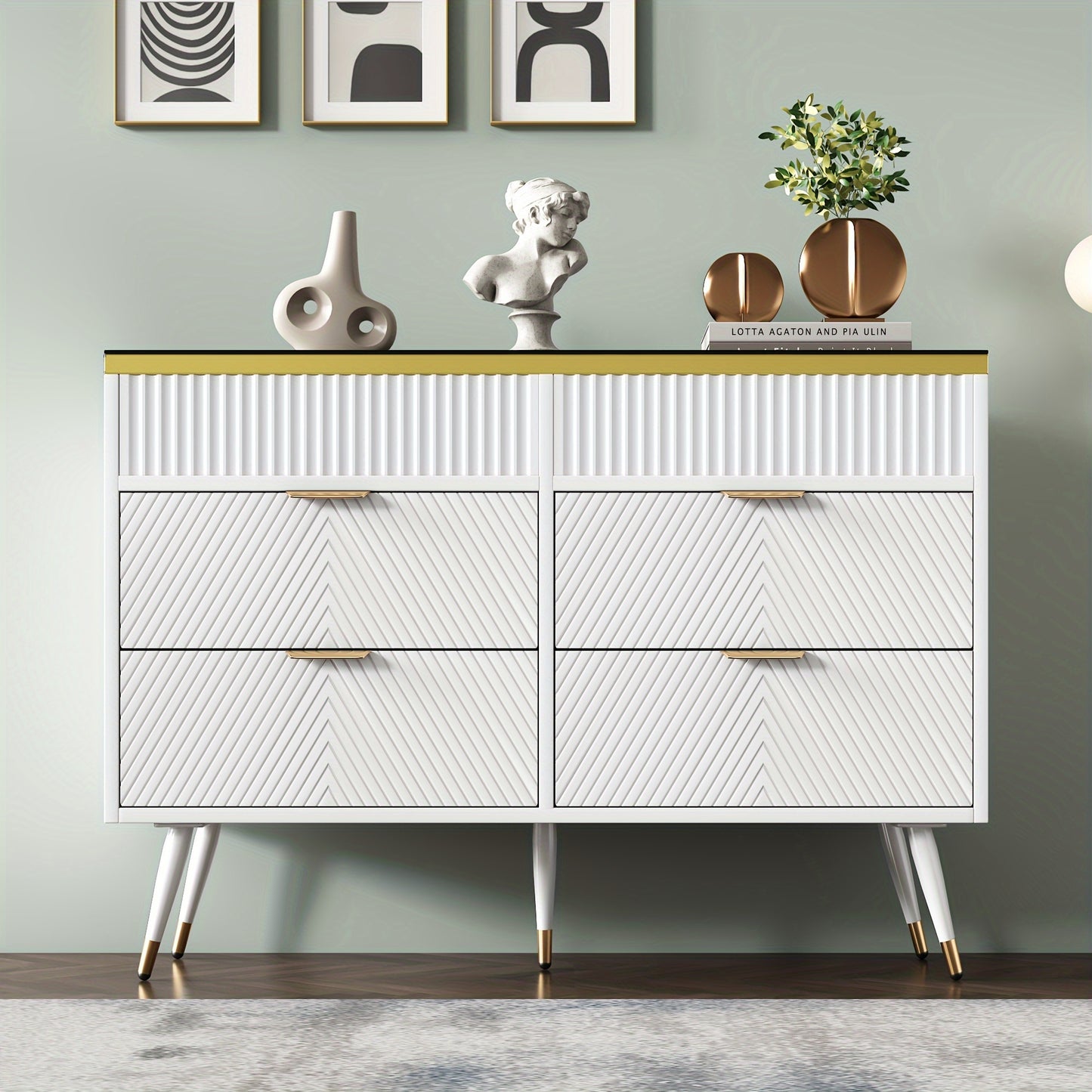 Dressoir – Sideboard – Opbergkast – Ladekast – Wandkast – Modern Wit – Hardhout & Amberglas – 6 Lades Met Compartimenten – Tip-Proof Veiligheidsfunctie – 120x40x76 cm