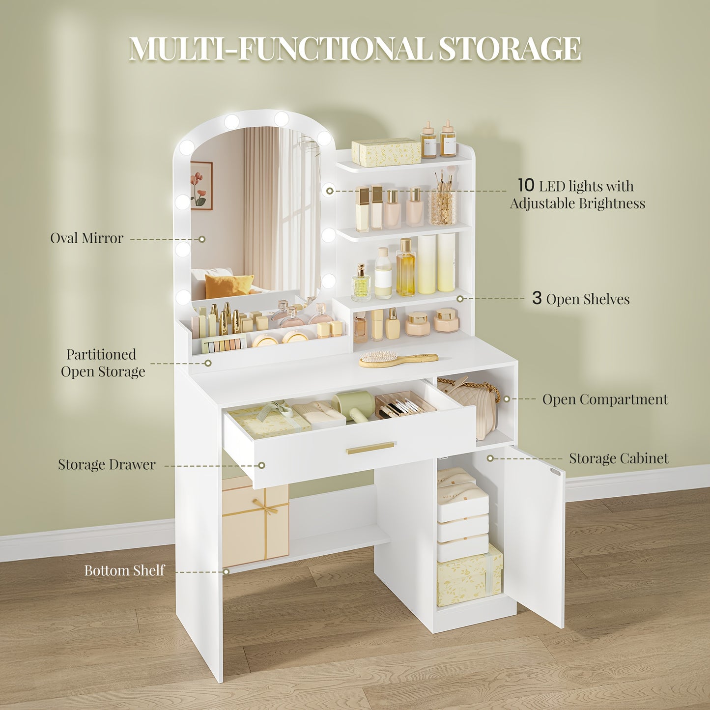 Kaptafel – Make-uptafel – Schminktafel – Visagiekast – Toiletmeubel – Wit – Ovale Spiegel – Veel Opbergruimte – Stevig MDF